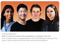 a group of people standing in front of an orange background
