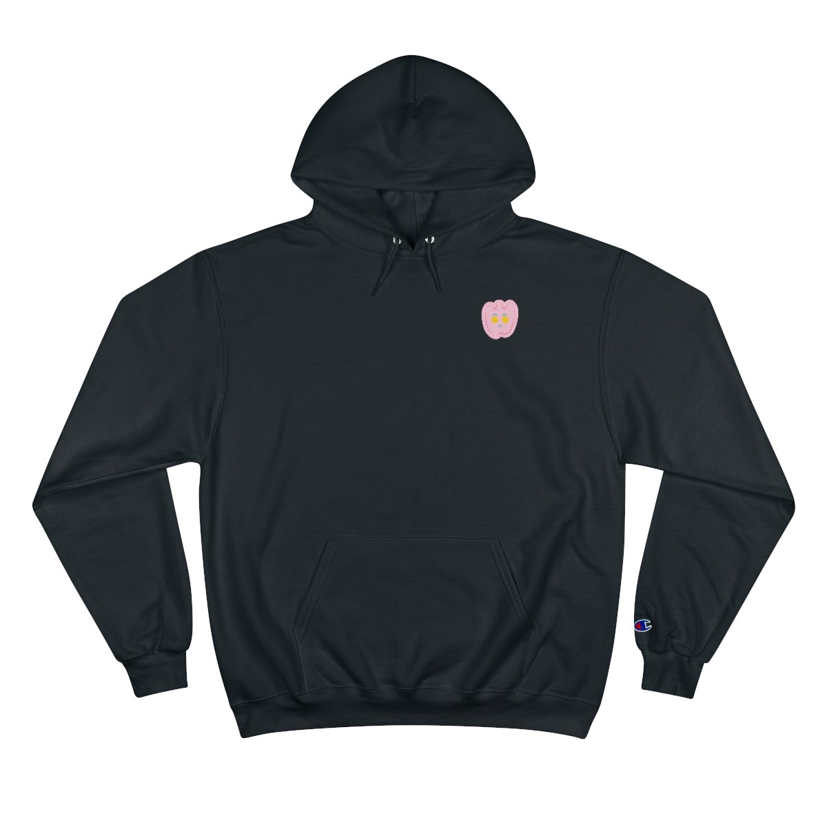 a black hoodie with a pink flower on it