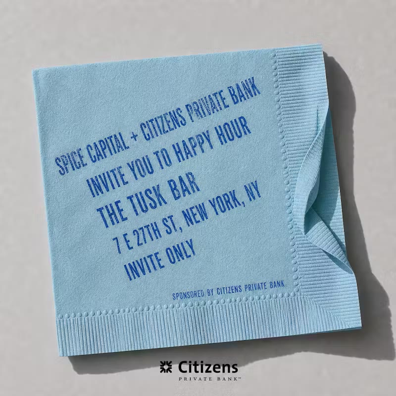 Spice Capital Happy Hour invitation napkin at The Tusk Bar